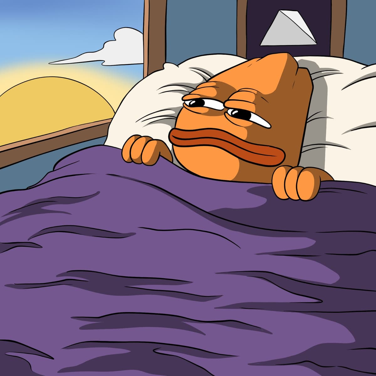 Contemplative Cartoon Character in Bed