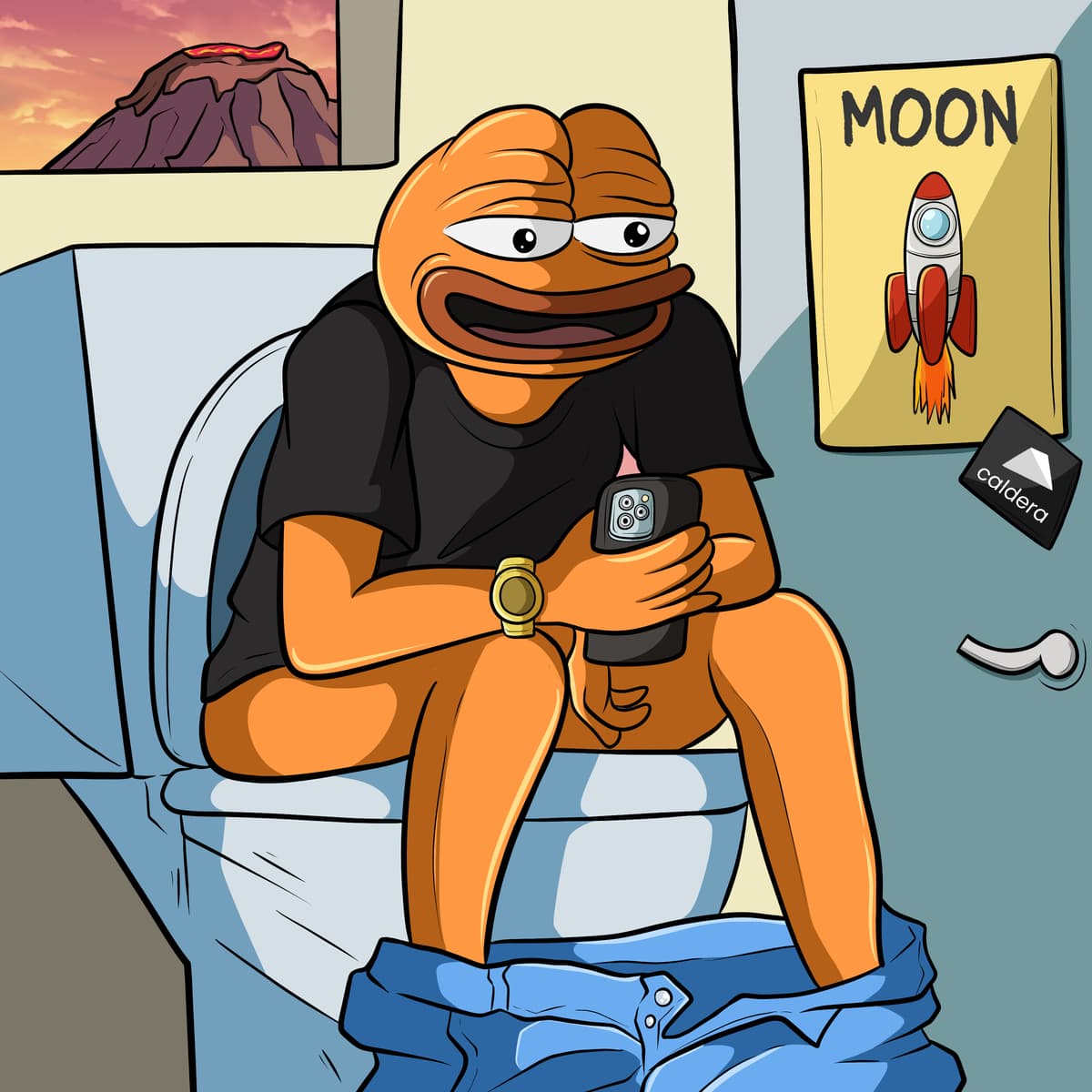 Contemplative Cartoon Character on Toilet